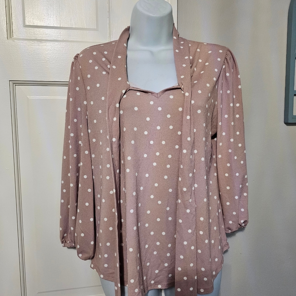 Adrianna Papell Pink Polka Dot Blouse with Bow - Picture 2 of 6